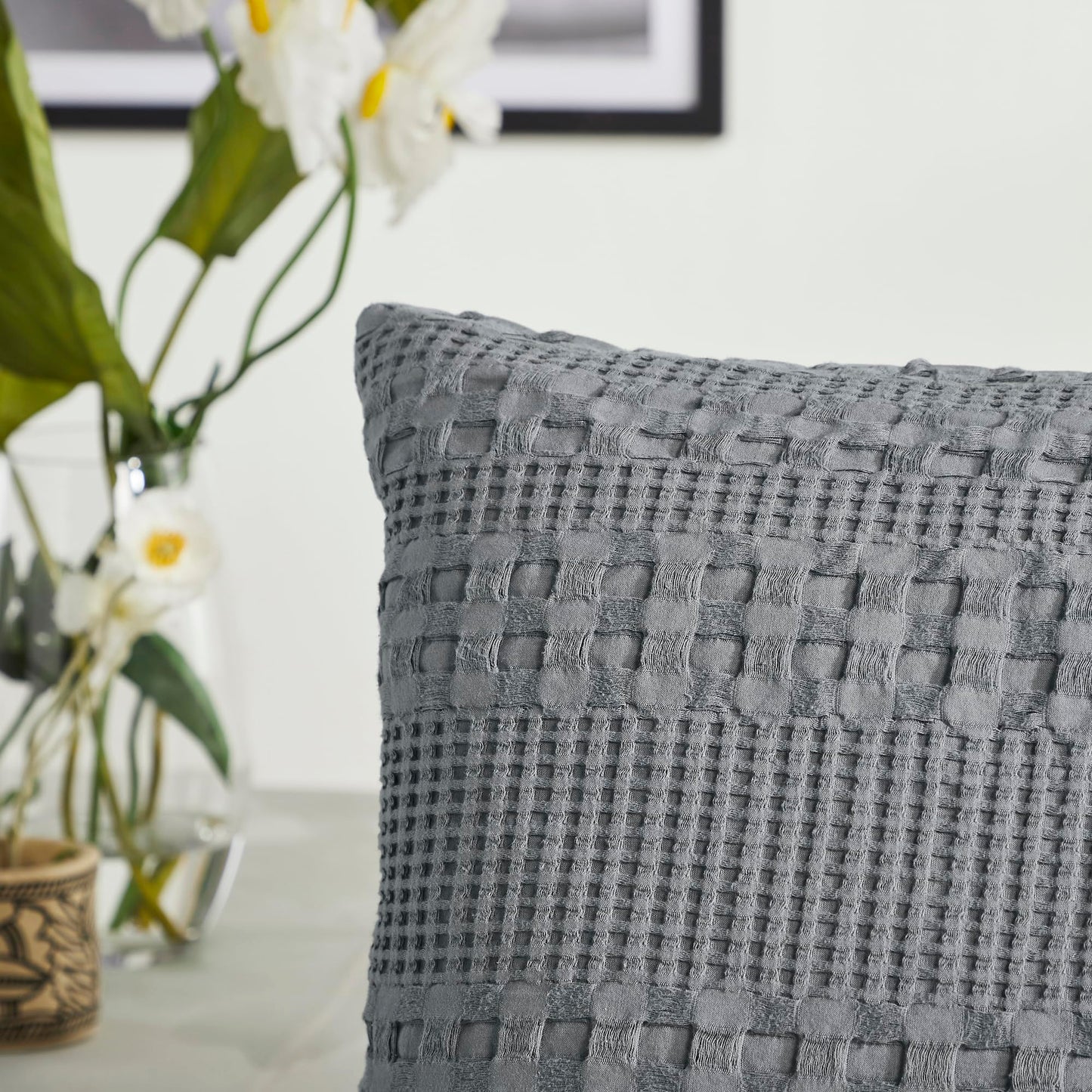 VHC Brands 100% Cotton Waffle Weave Dark Gray Queen Size Sham Set of 2 20x30, Decorative Throw Pillow Covers/Shams, Boho Farmhouse Bedroom Decor