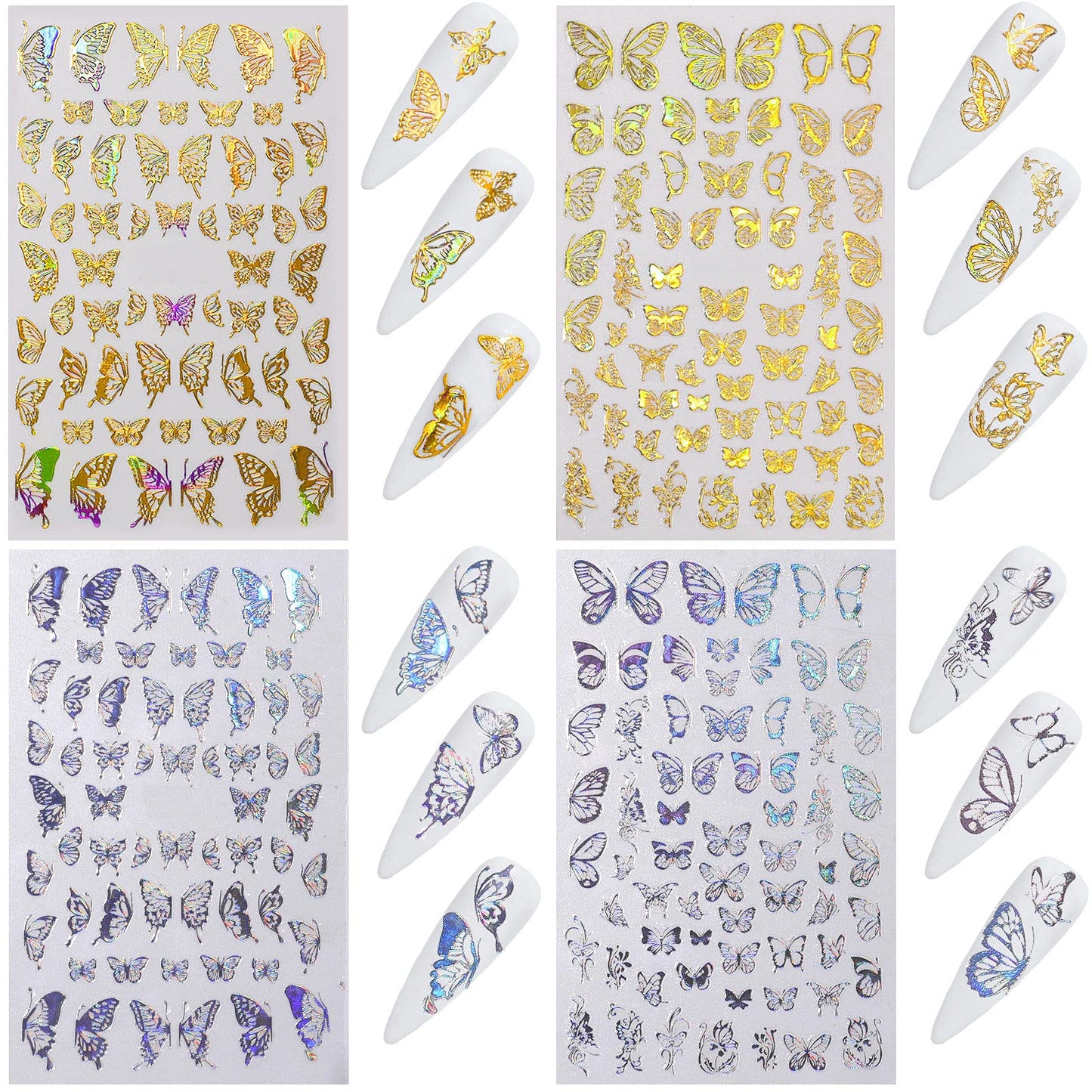 8 Sheets Butterfly Nail Adhesive Sticker - Laser Craft Glitter Gold and Silver Shapes for Art Design and Decoration - 3D Luxury Foils for Acrylic