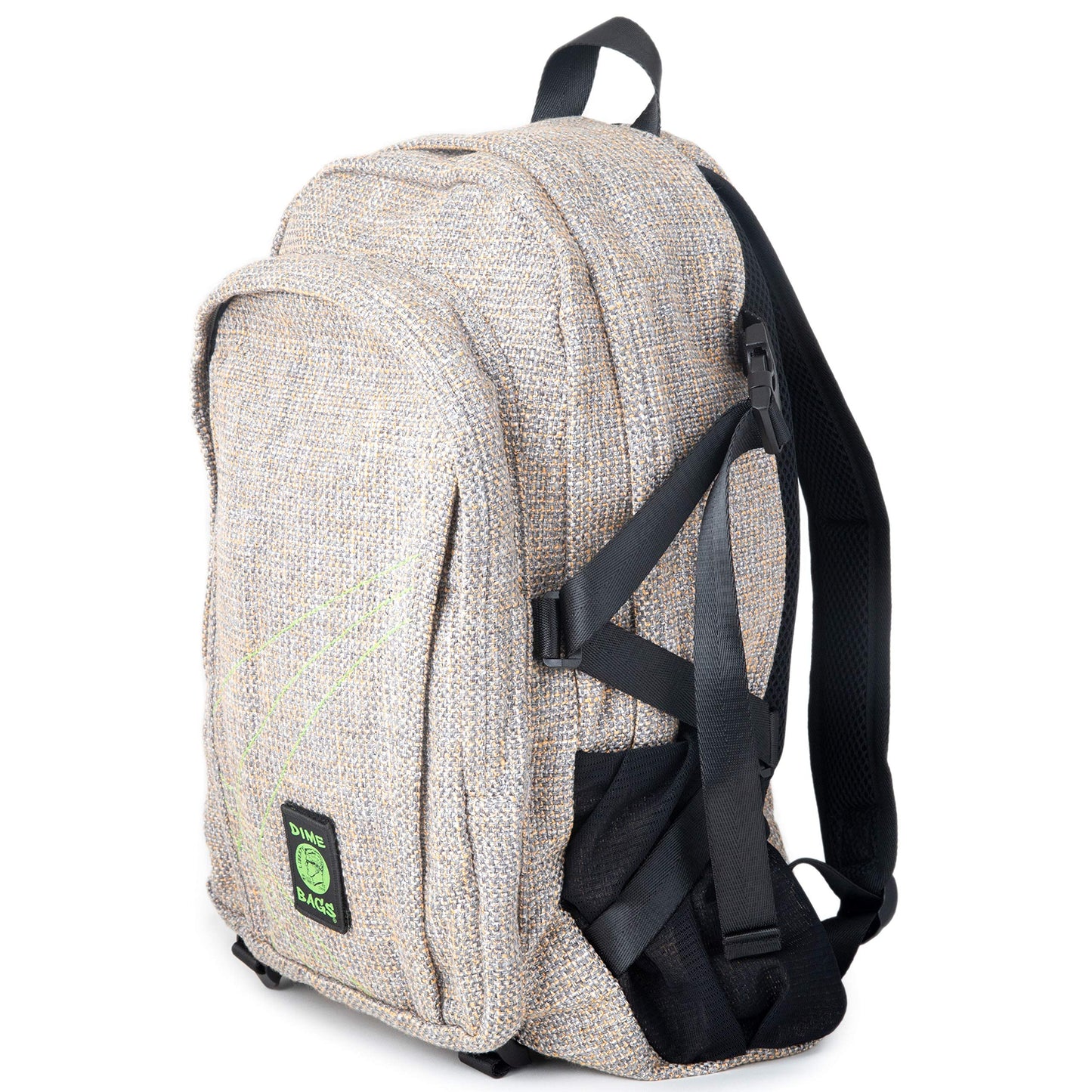 DIME BAGS Backpack For Travel, Durable Hempster Material, 9 Storage Compartments & 2 Side Bottle Pockets, Fits 17” Laptop, Adjustable Padded Straps, Hidden Internal Pocket (Sand)