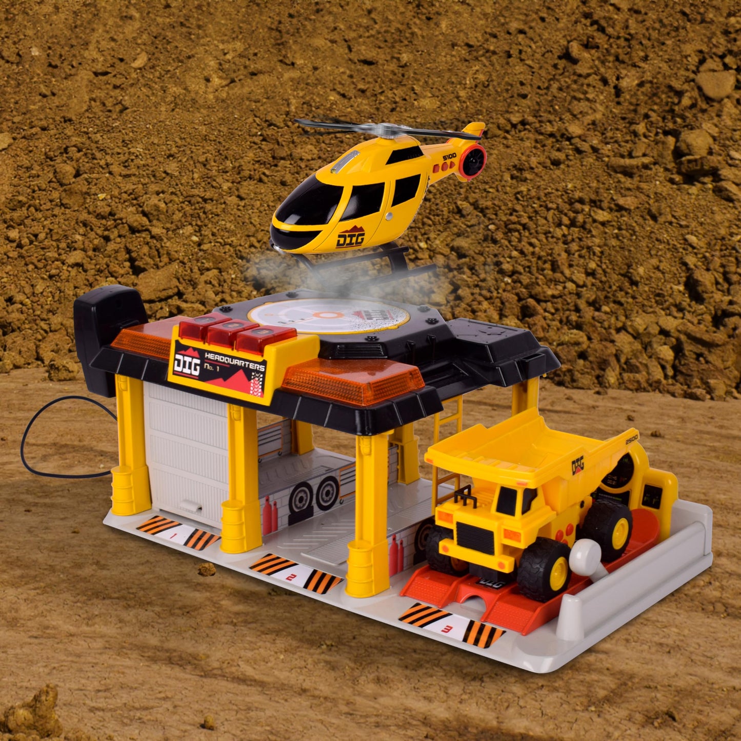 Mini Dig Vehicle Motorized Playset Construction Site Garage with Front Loader and Helicopter
