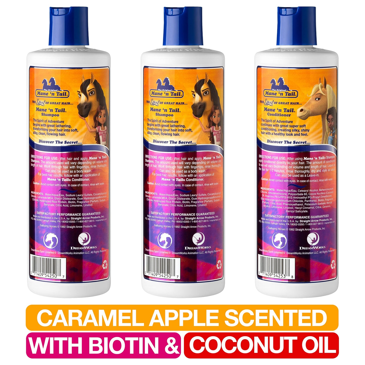 Mane 'n Tail Spirit Untamed Shampoo (2-Pack) & Conditioner (1-Pack) - Caramel Apple Scented, Gentle Coconut Oil Formula for Soft, Silky Hair (11.02 oz
