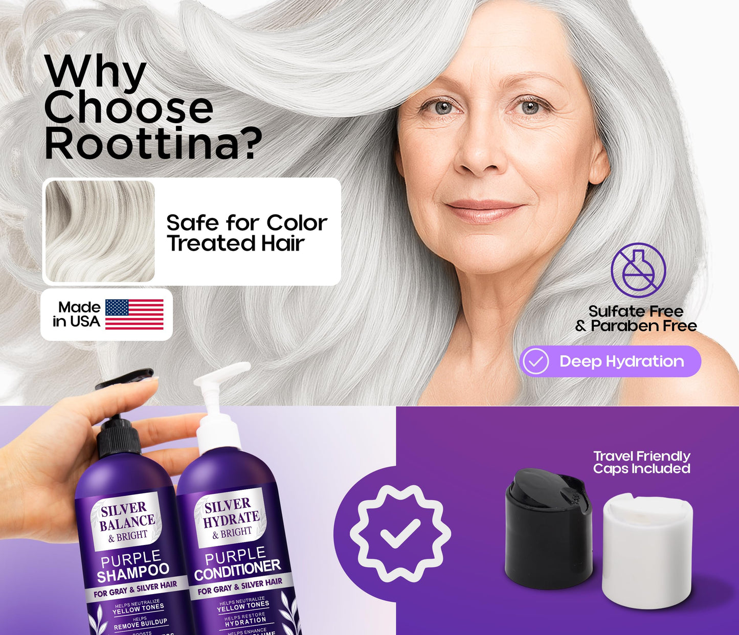 ROOTTINA Sulfate Free Brass Toning Purple Shampoo and Conditioner Set for Grey and Silver Hair, Moisturizing & Color-Safe, Enhances Shine