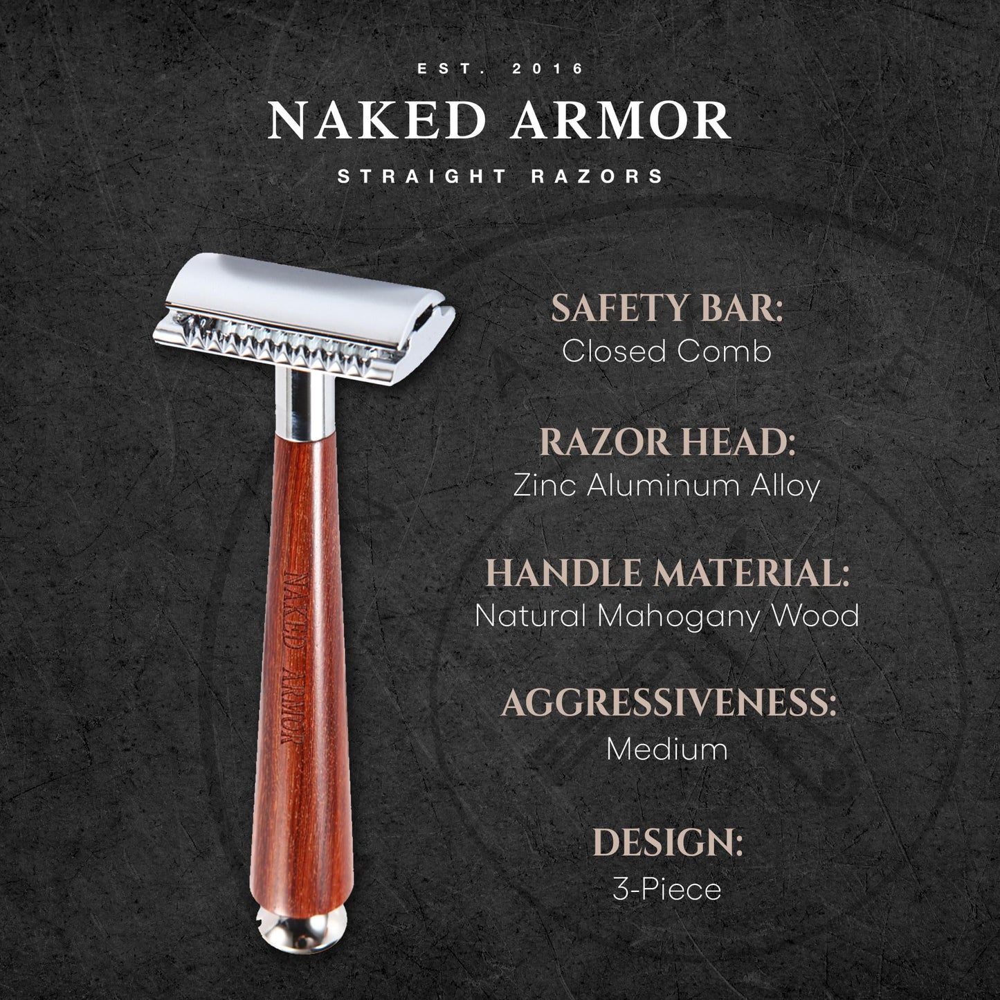 Naked Armor Safety Razor Set for Men - Mahogany Wood Double Edge Razor with Brush, Stand, Bowl, and Organic Soap, Complete Wet Shaving Gift Set Beauty and Personal Care Naked Armor