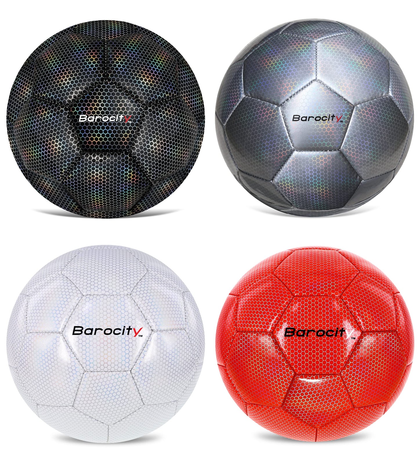 Barocity Iridescent Soccer Balls Set of 4 - Black, Silver, White, and Red Official Match Ball with Reflective Hex Pattern, Sport Soccer Balls…