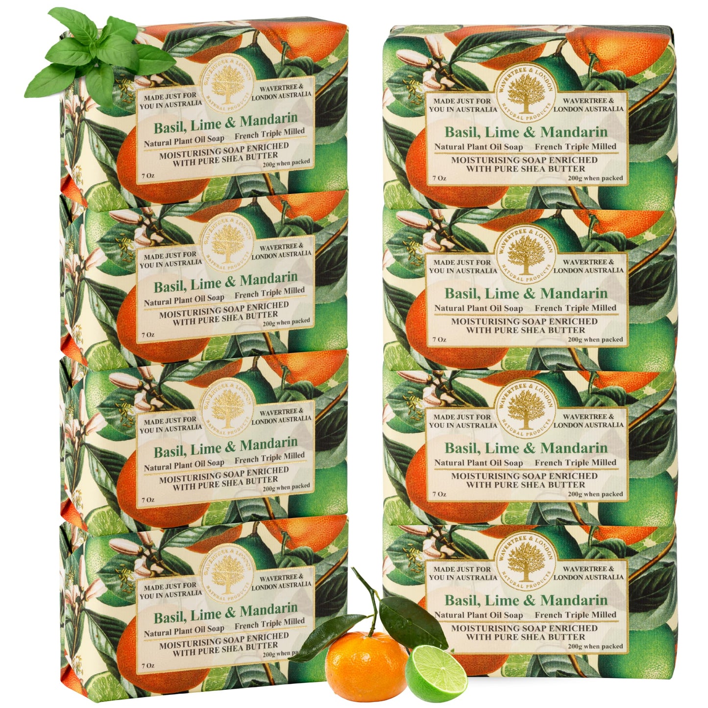 Wavertree & London Basil, Lime & Mandarin Scented Natural Soap (8 Bars), 7oz Moisturizing French Triple Milled Soap Bars enriched with shea butter
