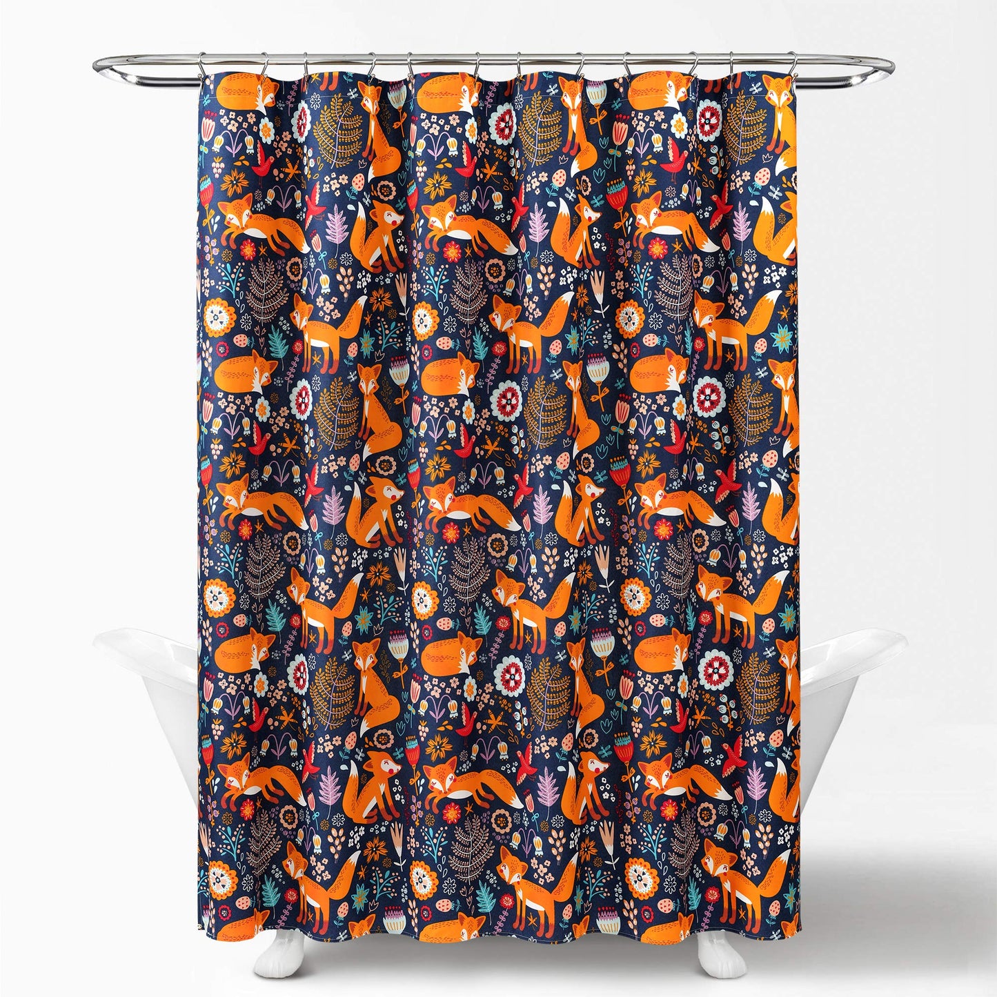 Lush Decor Pixie Fox Shower Curtain, 72" W x 72" L, Navy - Navy Shower Curtain - Fun Kids Floral & Animal Bathroom Decor