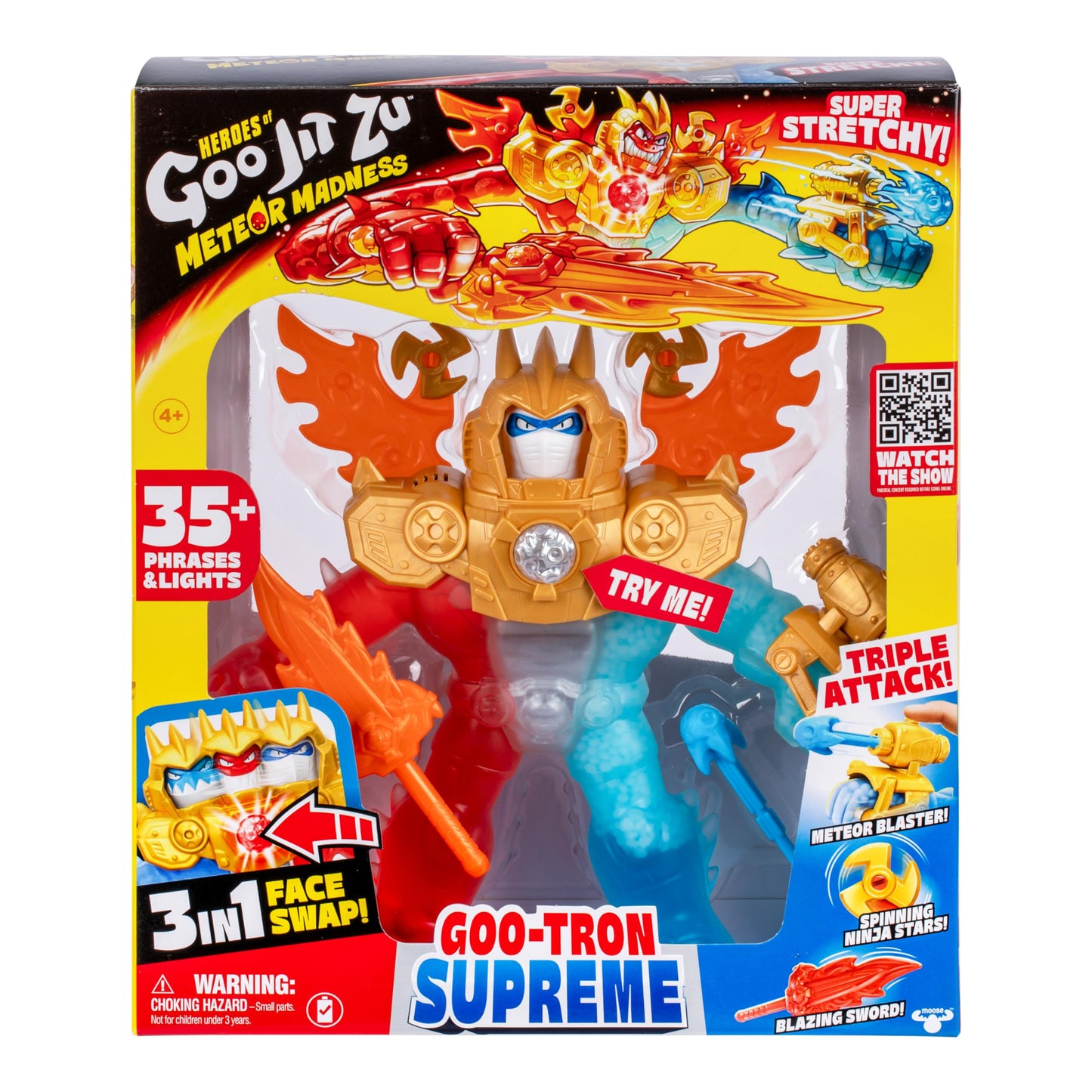 Heroes of Goo Jit Zu Goo-Tron Supreme Combines The Power of Blazagon, Pantaro & Thrash in 1 Ultimate Hero, with 3 Different Goo Fillings, 35+ Phrases…