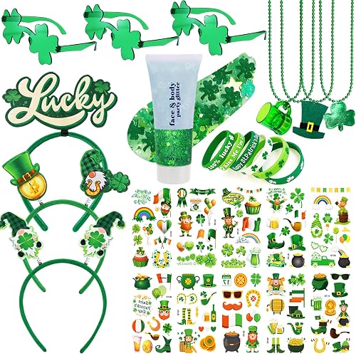 Qaeshi 117 Pcs St Patricks Day All-in-One Accessories Kit, Skin-Friendly Custom Shamrock Green Glitter Gel Irish Party Favors Supplies Shamrock