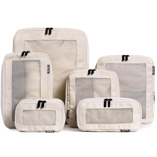 Aerotrunk Compression Packing Cubes for Travel - Luggage Organizer Bags - Double Zipper Packing Cubes for Suitcases (6-Pack, Beige)