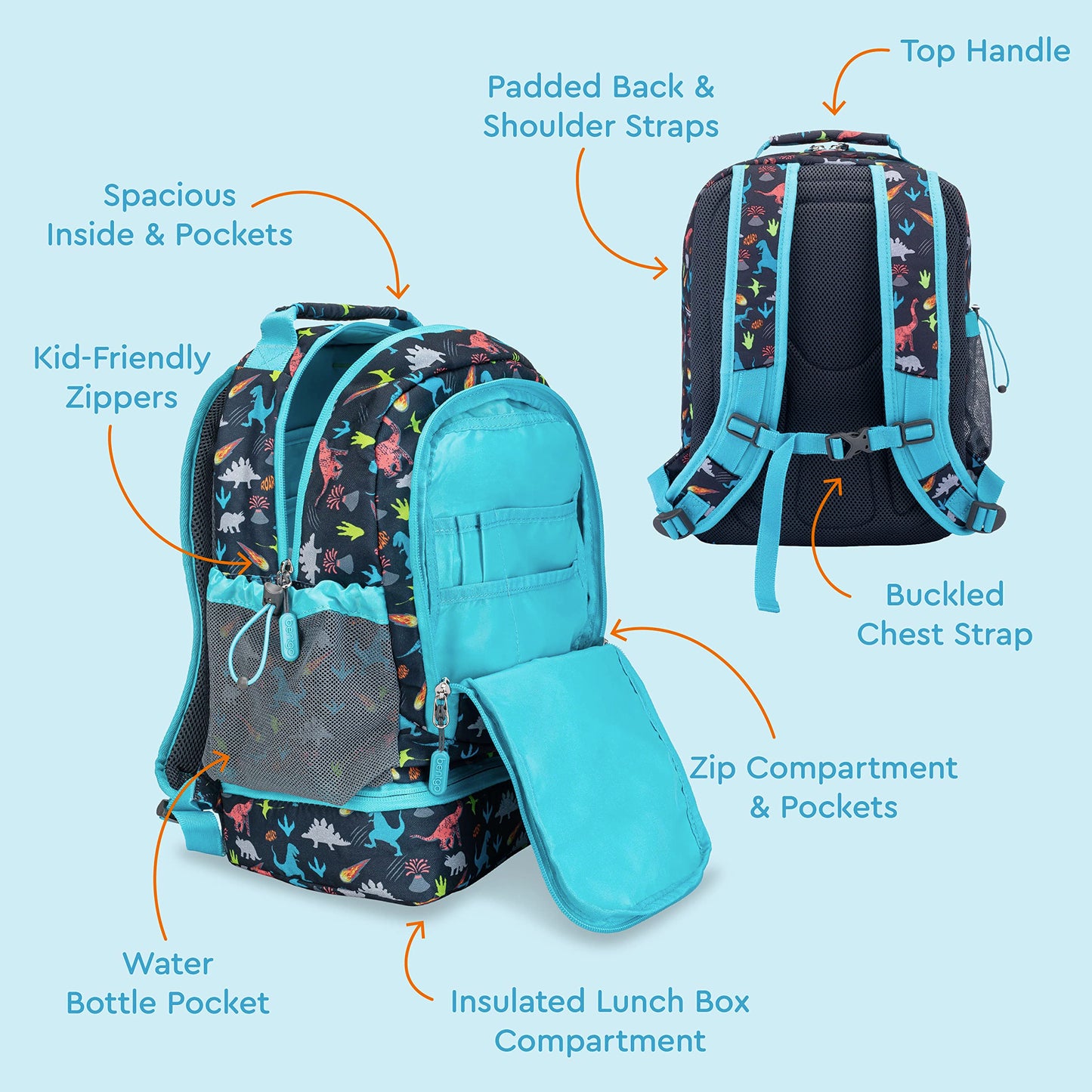 Bentgo Kids 2-in-1 Backpack & Insulated Lunch Bag - Durable 16” Backpack & Lunch Container in Unique Prints for School & Travel - Water Resistant, Padded & Large Compartments (Dinosaur)