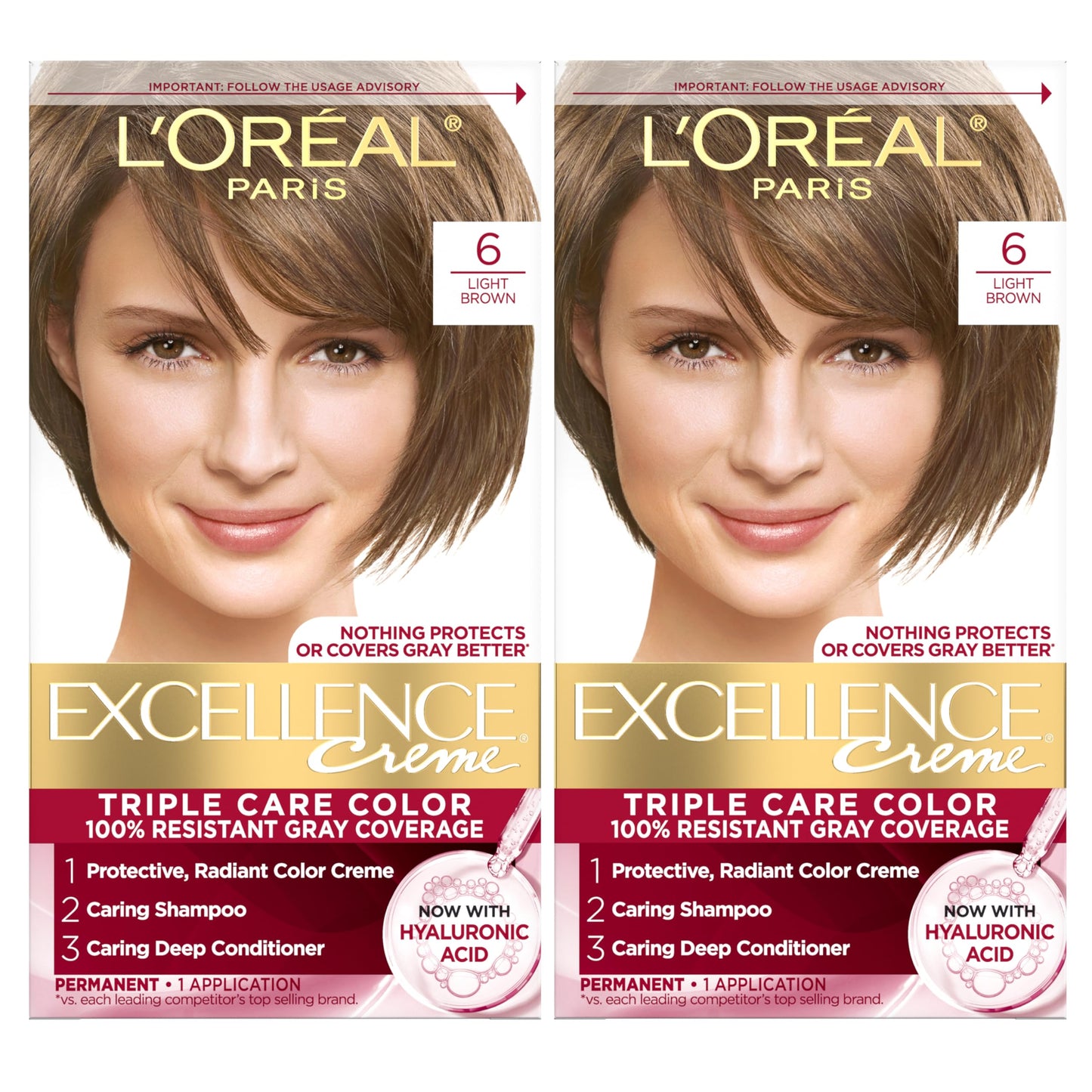 L'Oreal Paris Excellence Crème Permanent Hair Dye, Triple Care Hair Color with Hyaluronic Acid for 100% Gray Coverage, 6 Light Brown, 1 Kit (Pack