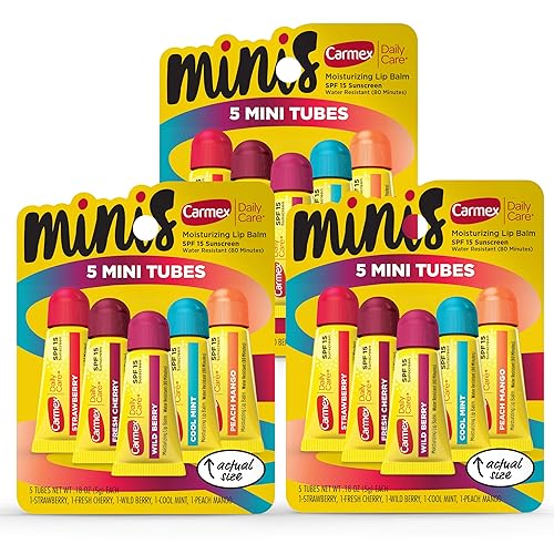 Carmex Daily Care Minis Moisturizing Lip Balm Tubes, SPF 15, Multi-Flavor Lip Balm Pack, 15 Count (3 Packs of 5)