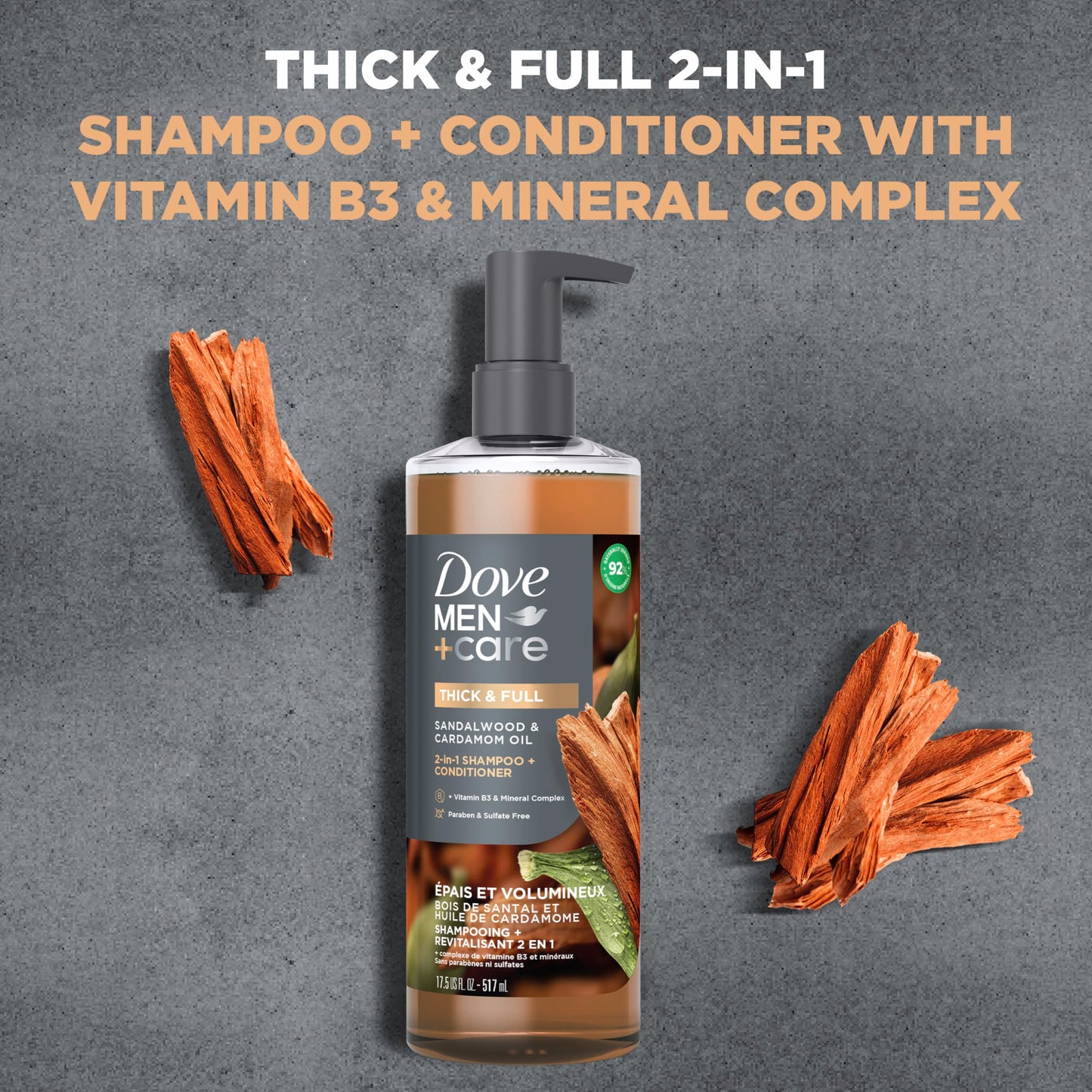 DOVE MEN + CARE 2-in-1 Shampoo + Conditioner Sandalwood & Cardamom Oil for Thick & Full Hair, + Vitamin B3 & Mineral Complex, 17.5 oz Beauty and Personal Care DOVE MEN + CARE