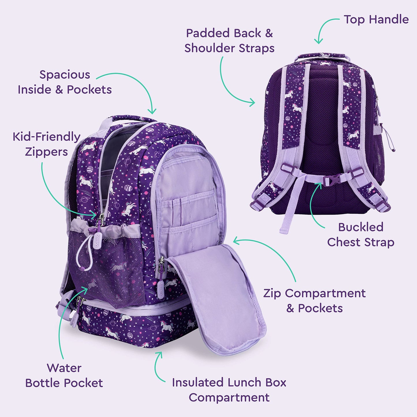 Bentgo Kids 2-in-1 Backpack & Insulated Lunch Bag - Durable 16” Backpack & Lunch Container in Unique Prints for School & Travel - Water Resistant, Padded & Large Compartments (Unicorn)