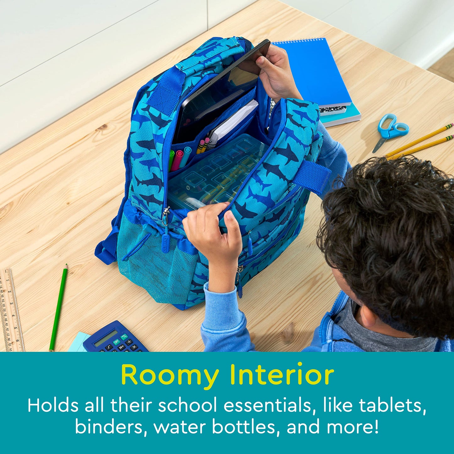 Bentgo Kids Backpack - Lightweight 14” Backpack in Fun Prints for School, Travel, & Daycare, Ideal for Ages 4+, Roomy Interior, Durable & Water-Resistant Fabric, & Loop for Lunch Bag (Shark)