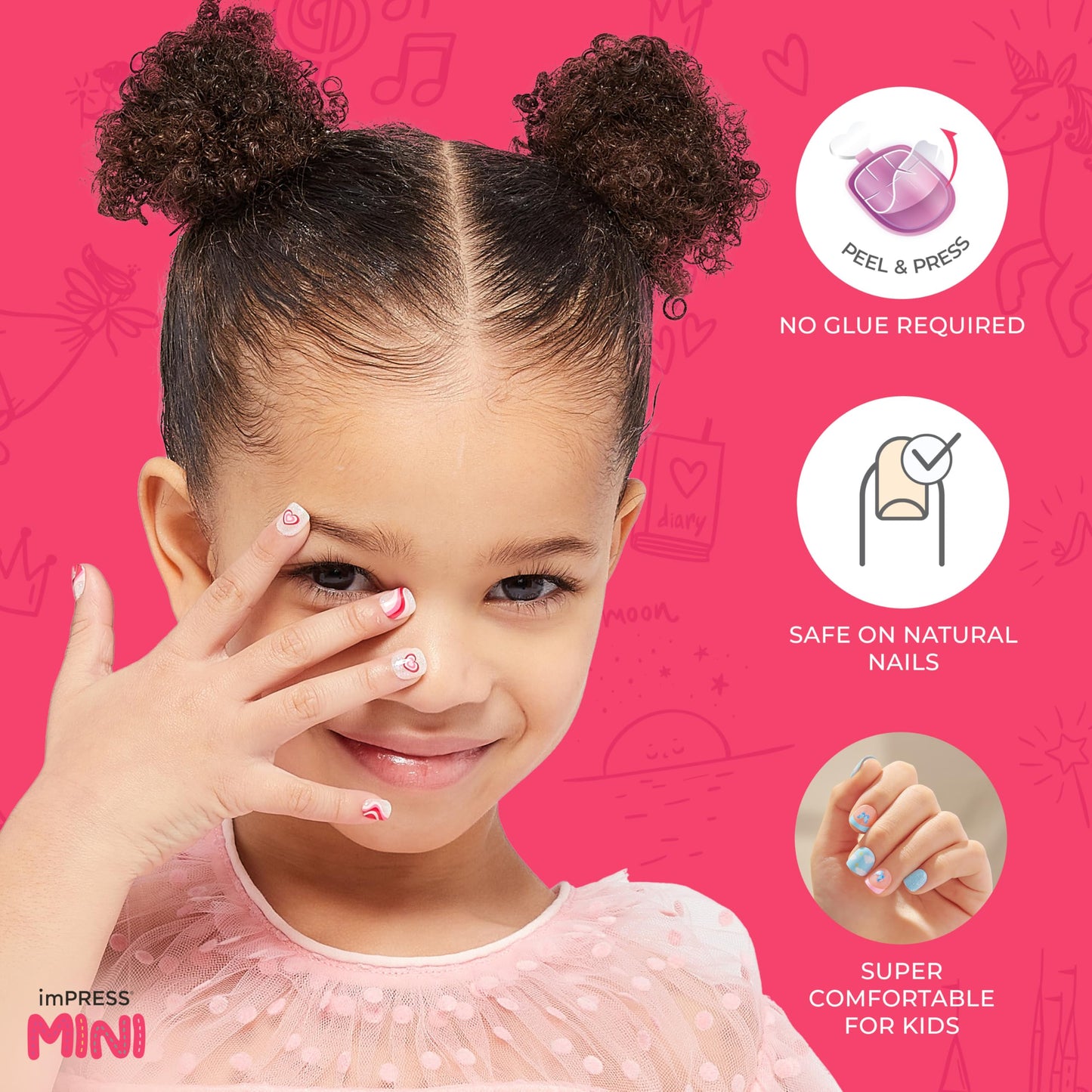 KISS imPRESS No Glue Mani Press On Nails, , 'Nail Artist Kit', Pink, Kids Size, Squoval Shape, Includes 26 Nails, 4 Sticker Sheets, 1 Mini File