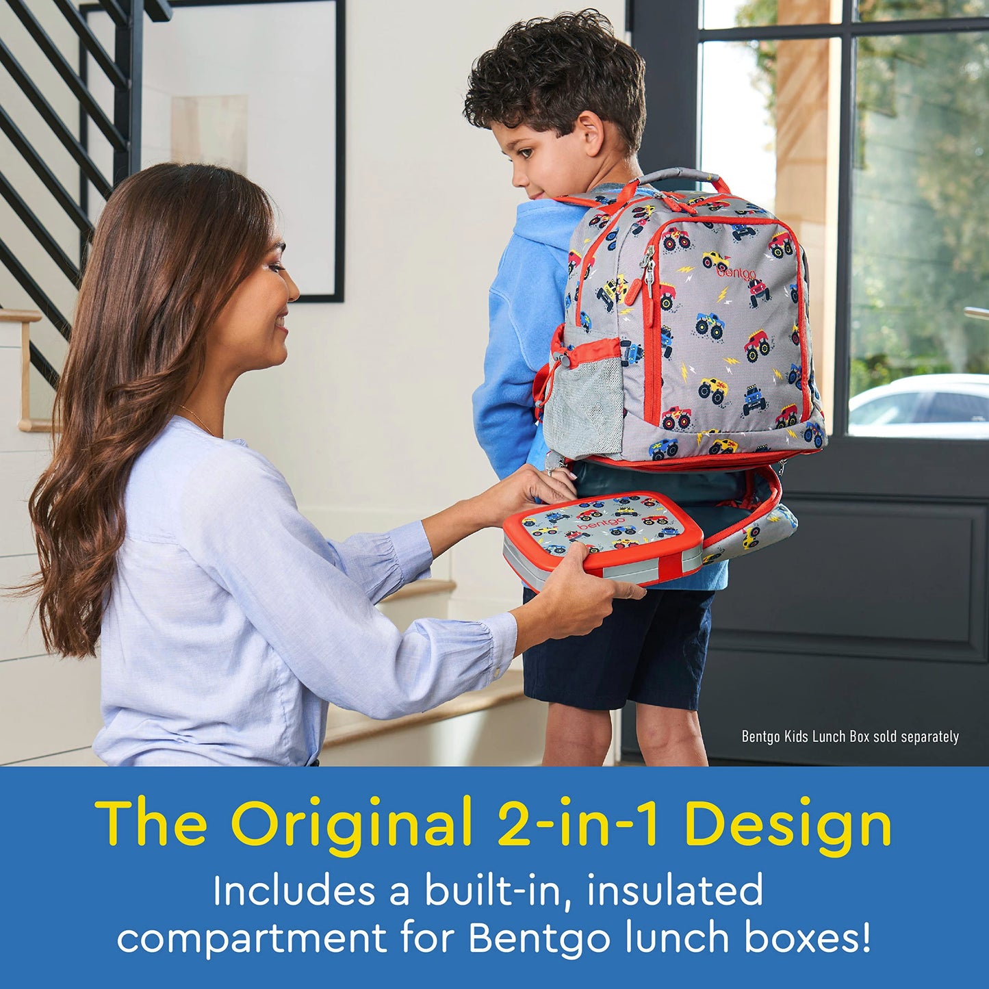 Bentgo Kids 2-in-1 Backpack & Insulated Lunch Bag - Durable 16” Backpack & Lunch Container in Unique Prints for School & Travel - Water Resistant, Padded & Large Compartments (Trucks)