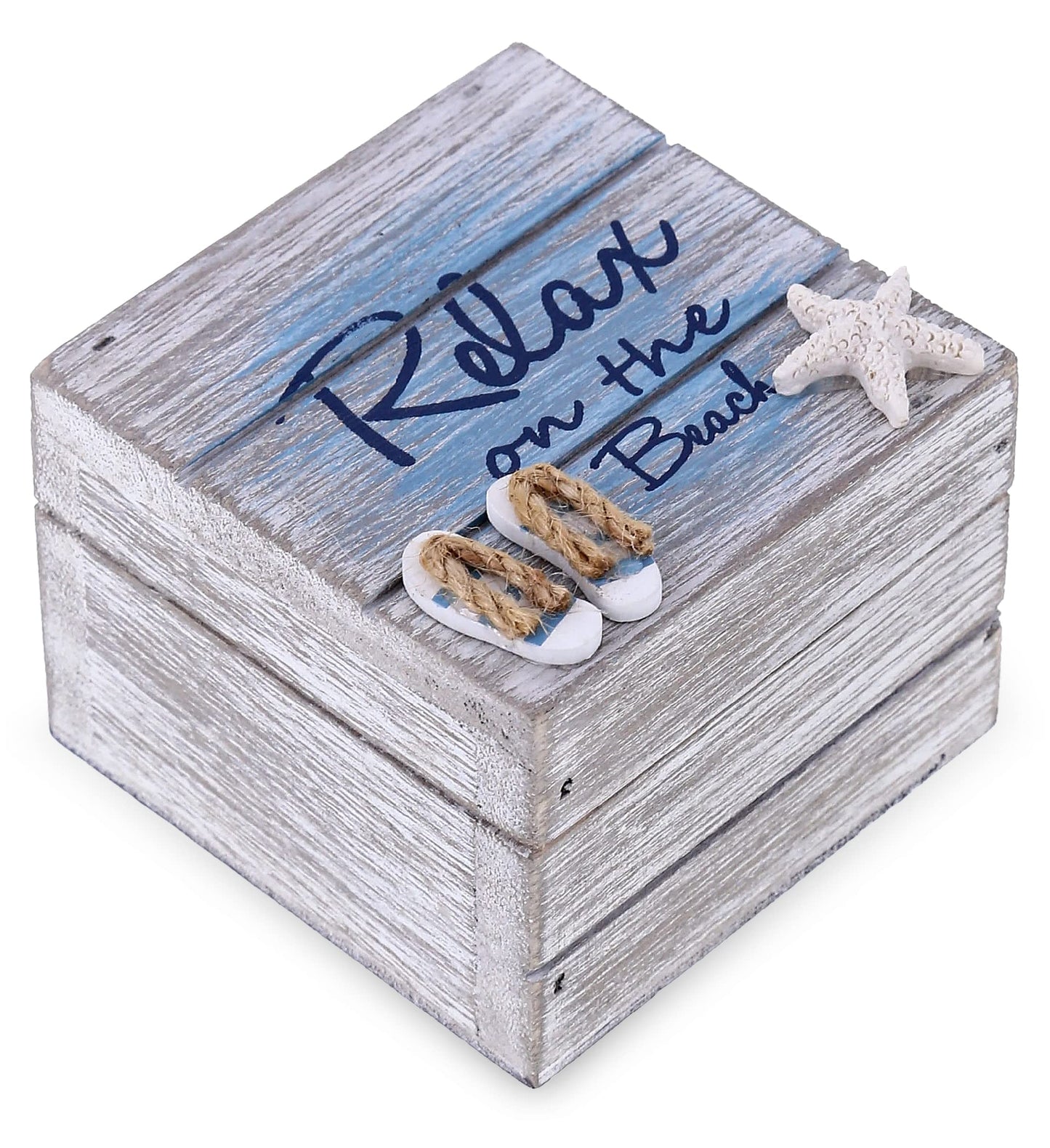 CoTa Global Aqua Sky Relax Wooden Box - Small Handcrafted Nautical Trinket with Sandals and Starfish Decoration, Accent Tabletop Home Decor, Beach…