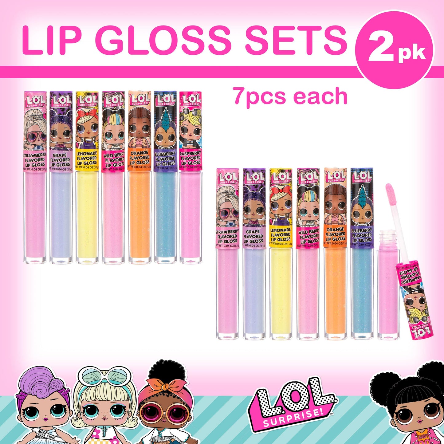 L.O.L Surprise! 14pc Lip Gloss for Girls, Lol Lip Gloss Set Value Pack, 14 Assorted Fruit Flavored Lip Glosses, Non Toxic, Kid Friendly, Party Favors