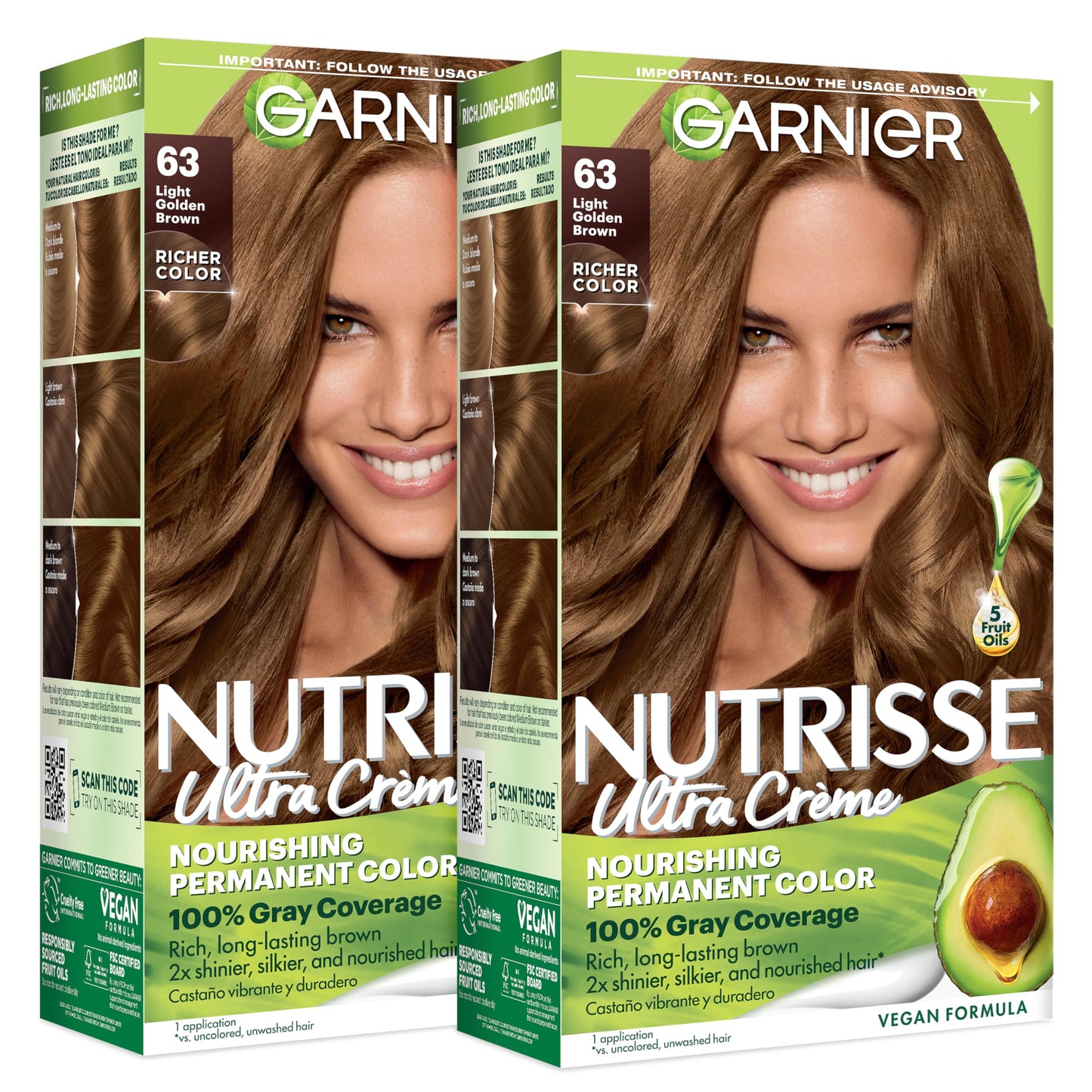 Garnier Nutrisse Ultra Crème Hair Color, Permanent Hair Dye with 100% Gray Coverage, Vegan & Cruelty-Free, 63 Light Golden Brown (Brown Sugar), 2