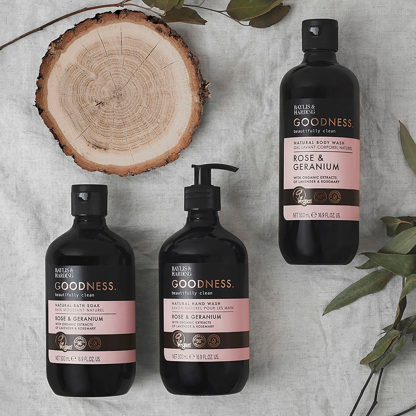 Baylis & Harding Goodness Rose & Geranium Natural Bath Soak 16.9 fl. oz (Pack of 3) - Biodegradable Formula - Vegan Friendly
