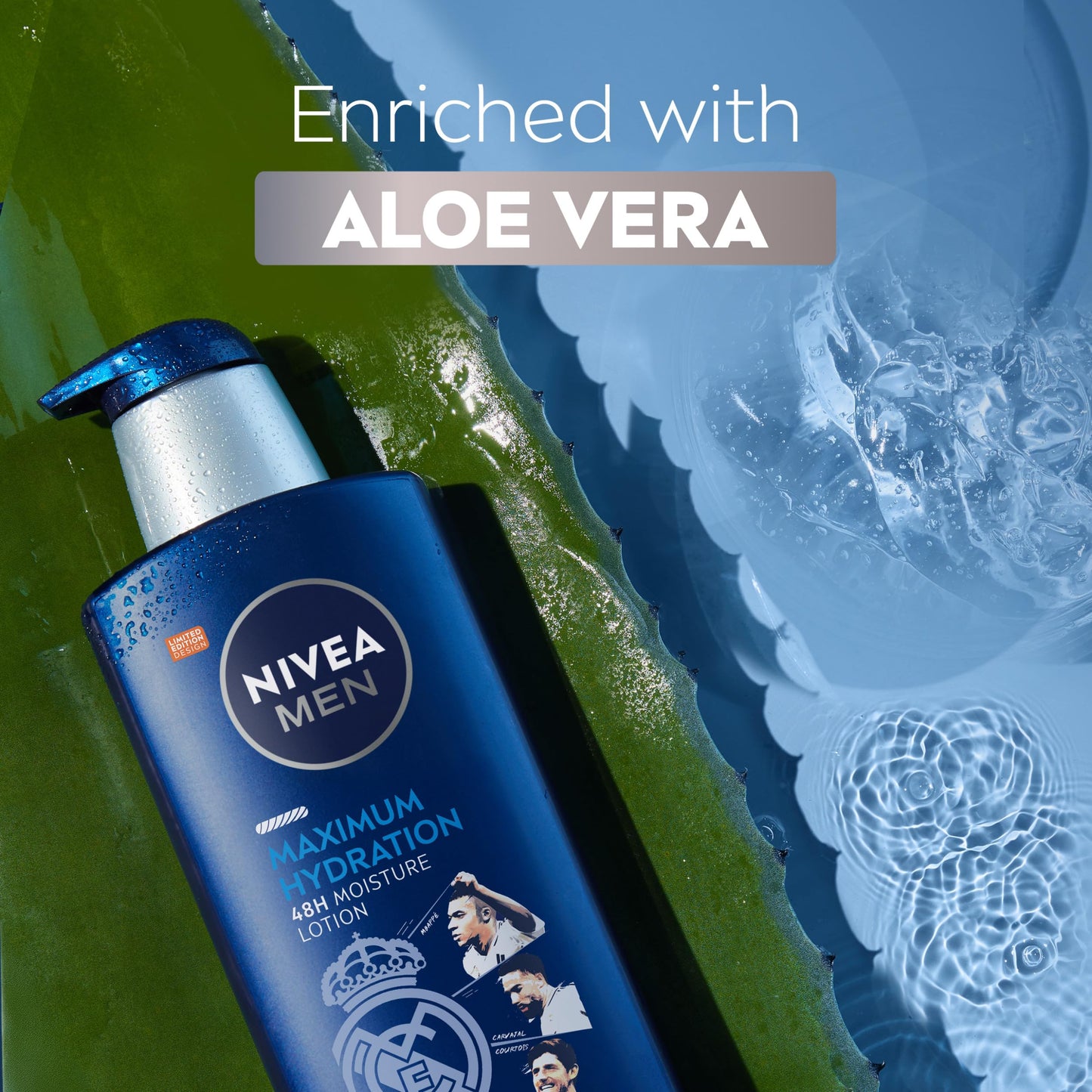 NIVEA MEN Real Madrid Limited Edition Design Maximum Hydration 48-Hour Moisture Body Lotion for Dry Skin, Aloe Vera Lotion for Men, 3-in-1 Body, Face