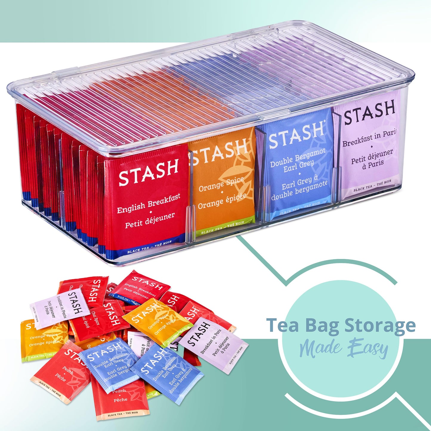 Sorbus 2 Pack Tea Bag Organizer Bins w/Lids & 4 Removable Dividers, Clear Plastic Food Packet Snack Organizer, Stackable Pantry Organization, Kitchen…