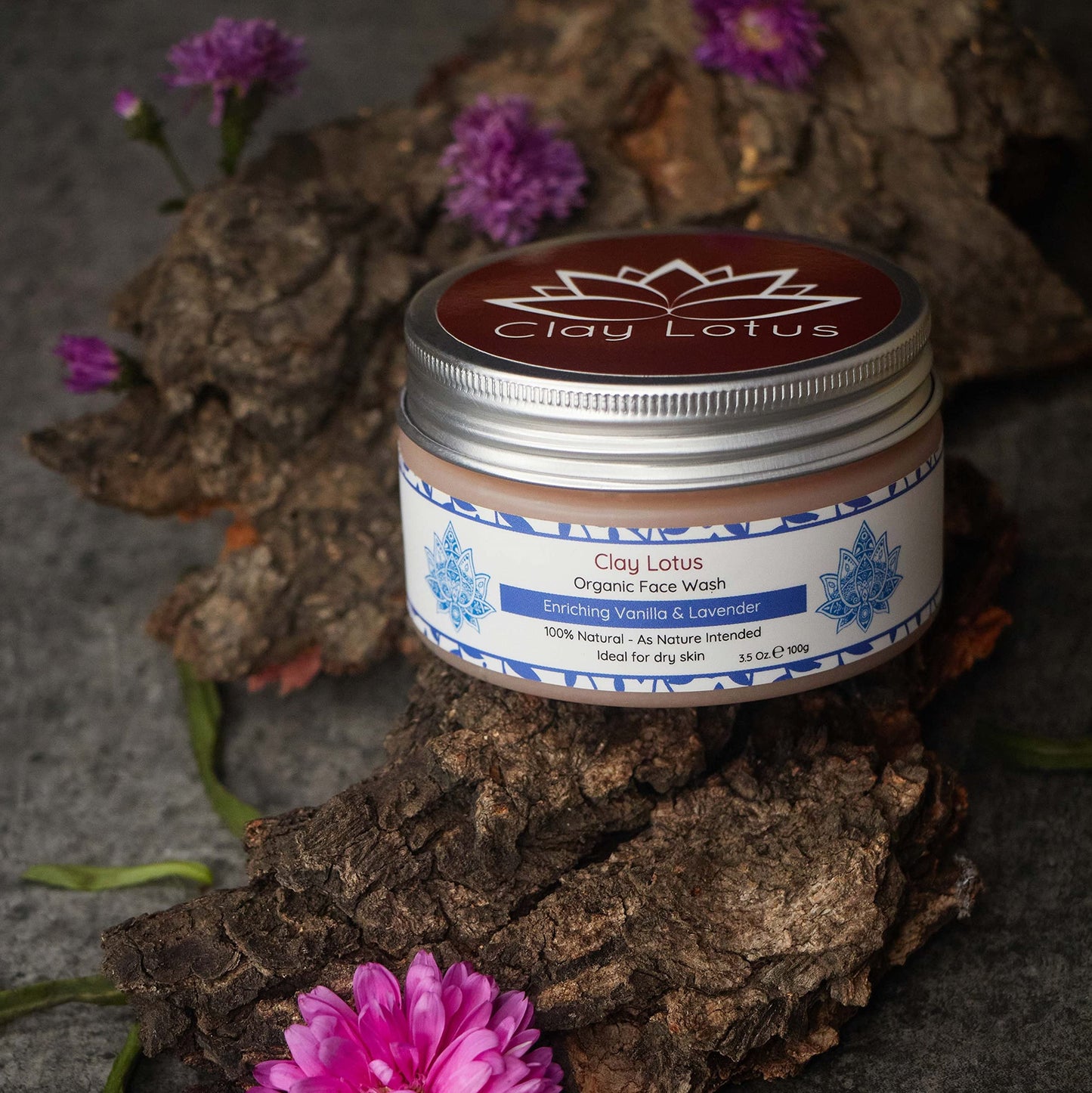 Clay Lotus Organic Face Wash - Hydrating Cleanser for Dry, Mature Skin. Anti-aging, Natural Formula for Reduced Wrinkles and Restored Radiance- Vegan