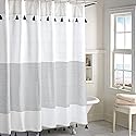 Peri Home Panama Stripe Boho Farmhouse Tassel Shower Curtain 100% Cotton Fabric Shower Curtain with Tassels for Bathroom Decor, 72 x 72 inches, Navy