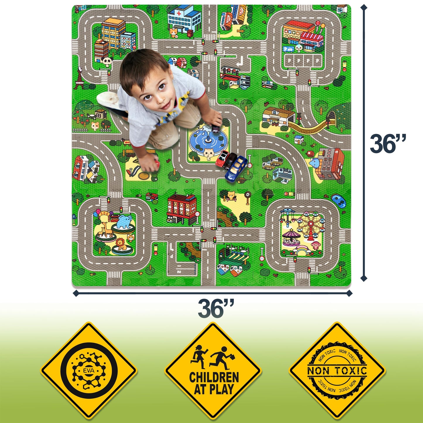 Sorbus Traffic Play Mat – 9 EVA Foam Puzzle Tiles with Borders, Kids Road Traffic Rug for Toy Cars & Trucks, Educational Playroom Mat