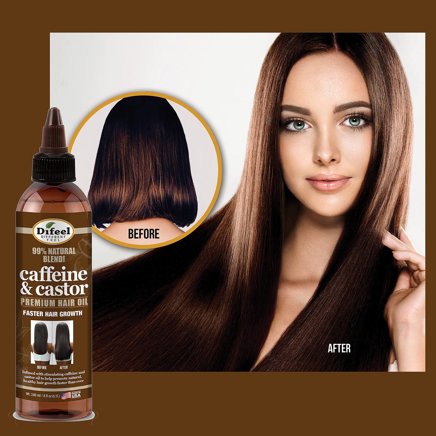 Difeel 99% Natural Premium Hair Oil - Caffeine & Castor Hair Oil 8 oz. (PACK OF 2)
