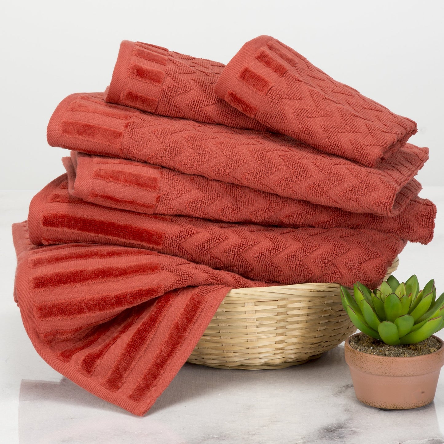 Lavish Home 6-Piece Cotton Deluxe Plush Bath Towel Set - Chevron Patterned Plush Sculpted Spa Luxury Decorative Body, Hand and Face Towels (Brick)…