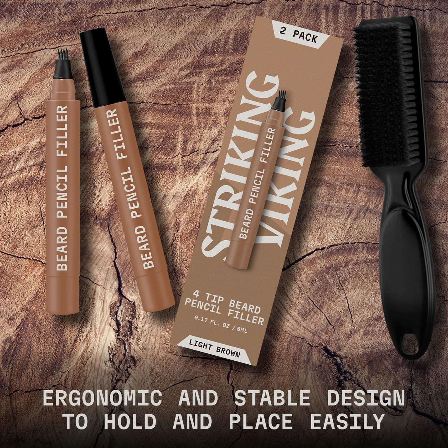 Striking Viking Beard Pencil Filler for Men - Light Brown, 2 Pack - Temporary Beard Dye - Waterproof Sweatproof Long Wear Beard Filler Pen