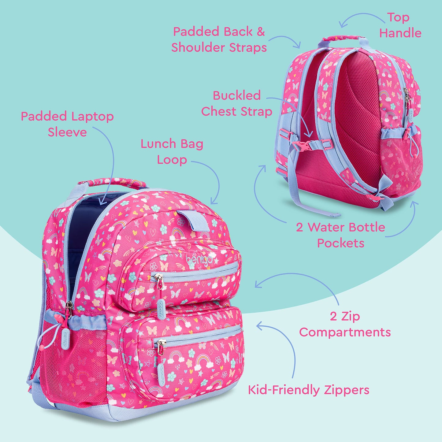 Bentgo Kids Backpack - Lightweight 14” Backpack in Fun Prints for School, Travel, & Daycare, Ideal for Ages 4+, Roomy Interior, Durable & Water-Resistant Fabric, & Loop for Lunch Bag (Rainbows)