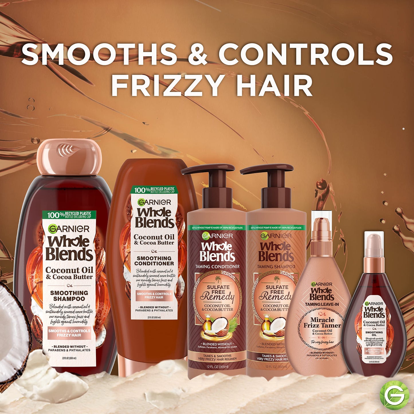 Garnier Whole Blends Smoothing Shampoo and Conditioner Set, Coconut Oil & Cocoa Butter for Frizzy Hair, Provides Up to 24HRs of Frizz & Humidity
