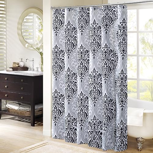 Comfort Spaces Coco Bathroom Shower Curtain Printed Damask Pattern Modern Cute Microfiber Fabric Bath Curtains, 72"x72", Black (CS70-0682)