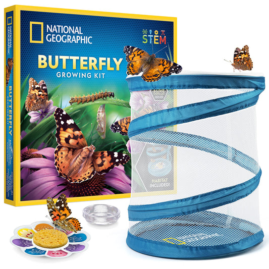 National Geographic Butterfly Growing Kit – Habitat with Voucher for 5 Caterpillars, Butterfly Cage & Feeder, Amazon Exclusive