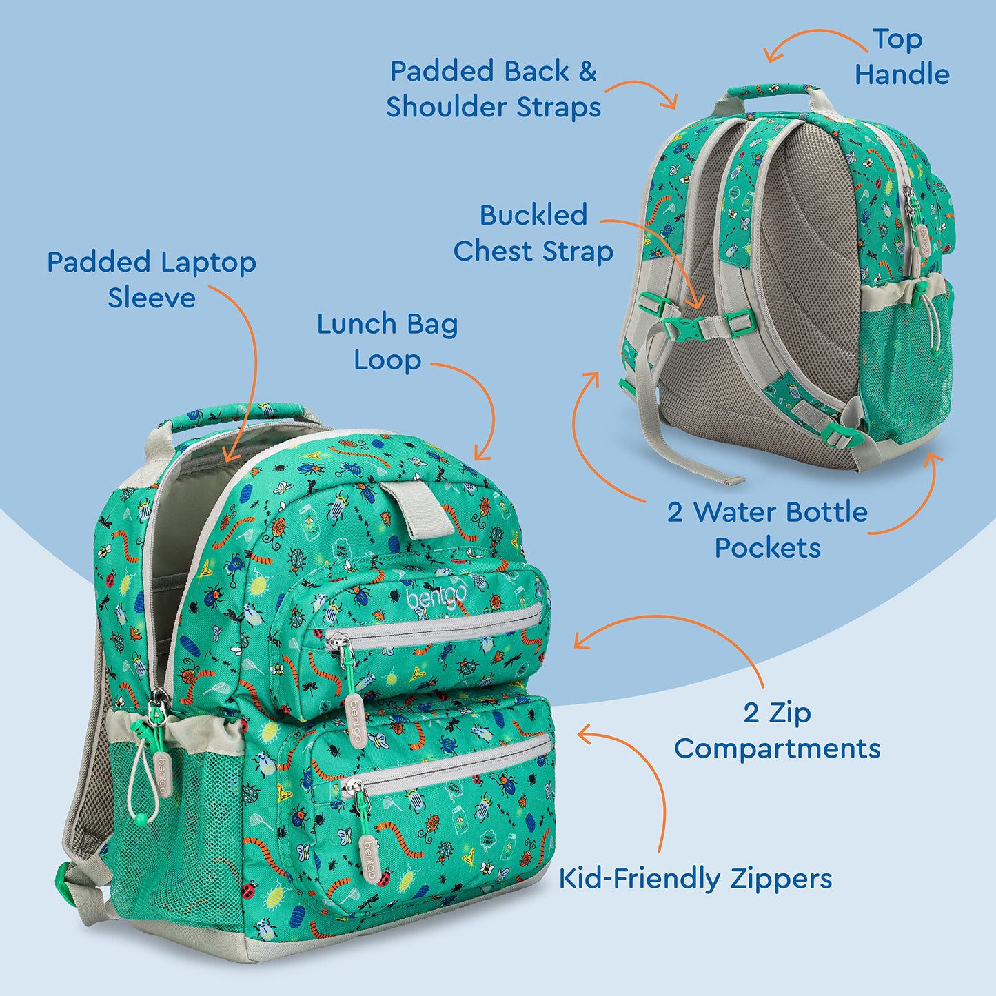 Bentgo Kids Backpack - Lightweight 14” Backpack in Fun Prints for School, Travel, & Daycare, Ideal for Ages 4+, Roomy Interior, Durable & Water-Resistant Fabric, & Loop for Lunch Bag (Bug Buddies)