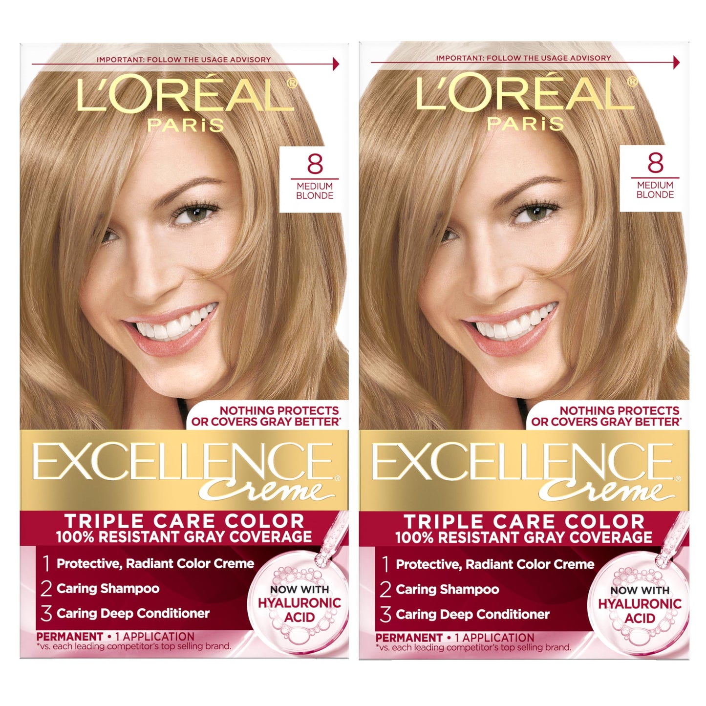 L'Oreal Paris Excellence Crème Permanent Hair Dye, Triple Care Hair Color with Hyaluronic Acid for 100% Gray Coverage, 8 Medium Blonde, 1 Kit (Pack