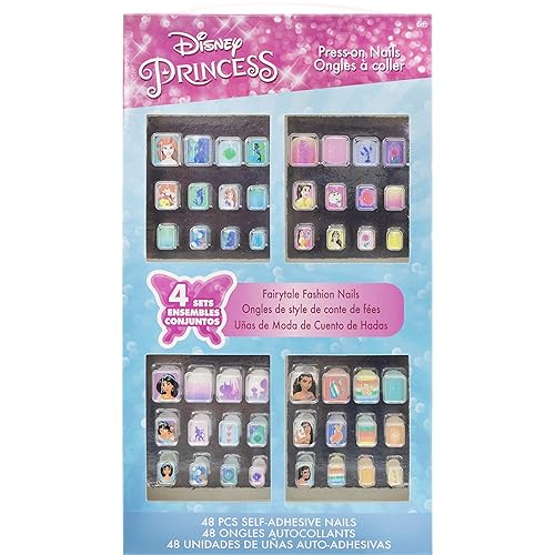Disney Princess - Townley Girl 48 Pcs Press-On Nails Artificial False Nails Set for Girls, Kids with Pre-Glue Full Cover Acrylic Nail Tip Kit, Ages 6+