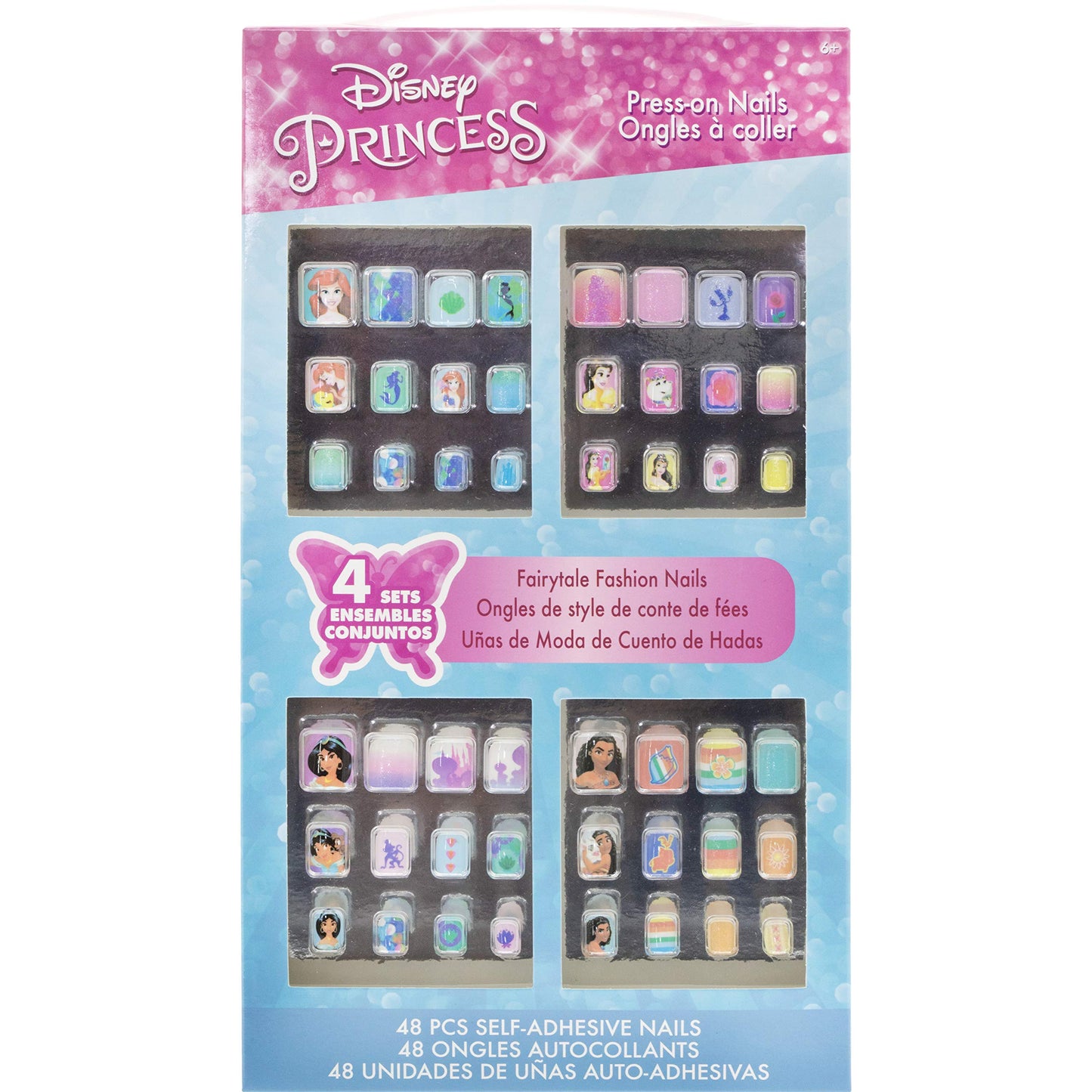 Disney Princess - Townley Girl 48 Pcs Press-On Nails Artificial False Nails Set for Girls, Kids with Pre-Glue Full Cover Acrylic Nail Tip Kit, Ages 6+