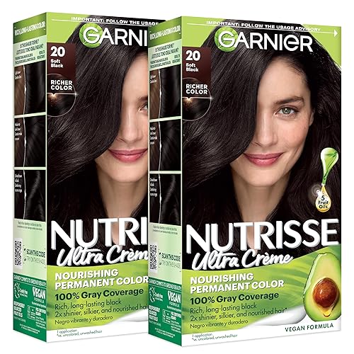 Garnier Nutrisse Ultra Crème Hair Color, Permanent Hair Dye with 100% Gray Coverage, Vegan & Cruelty-Free, 20 Soft Black (Black Tea), 2 Count