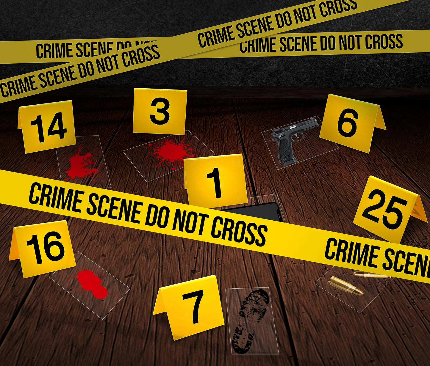 Halloween Crime Scene Decorations Kit – Mystery Party Supplies with Crime Scene Tape, 25 Yellow Evidence Markers & 25 Crime Object Cards