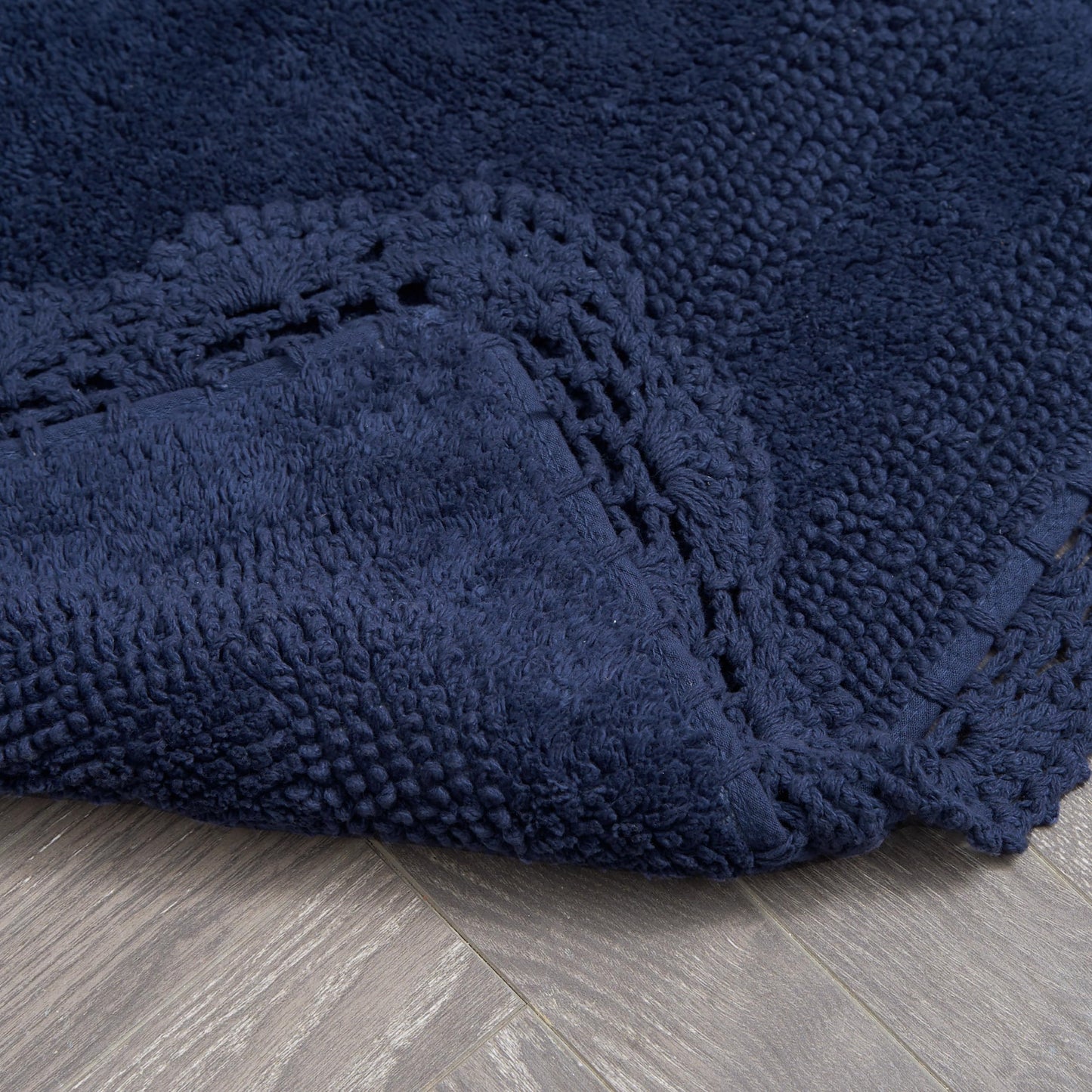 Laura Ashley Absorbent Bath Mat Reversible Crochet Soft and Plush Bathroom Mat 100% Cotton 17x24 Bath Rug, Indigo Blue