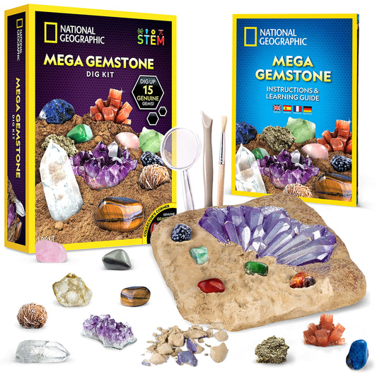NATIONAL GEOGRAPHIC Mega Gemstone Dig Kit – Excavate 15 Real Gems & Crystals, Fun Science Kit & Rock Mining Gift for Kids, Boys & Girls