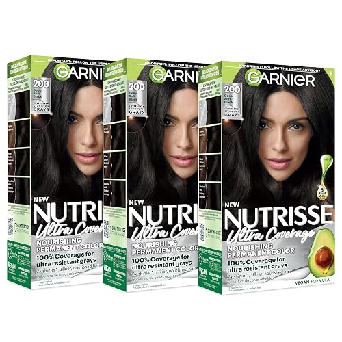 Garnier Nutrisse Ultra Coverage Hair Color, Permanent Hair Dye for Up to 8 Weeks of Stubborn Gray Coverage, Vegan & Cruelty-Free, 200 Deep Soft Black
