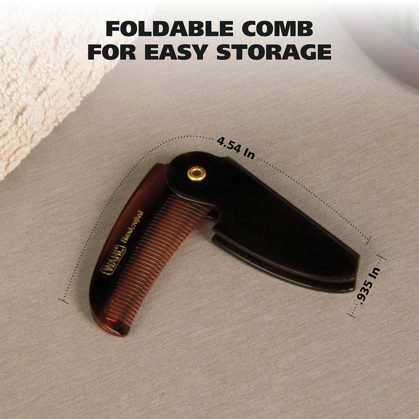 Wahl Beard & Mustache Folding Comb for Men's Grooming - Handcrafted & Hand Cut with Cellulose Acetate - Smooth, Rounded Tapered Teeth - Model 3326