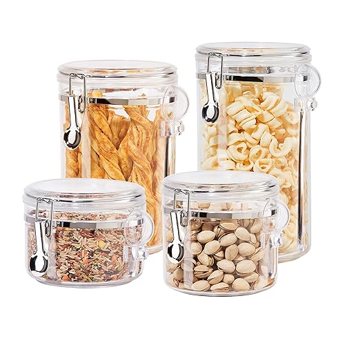 Oggi 4pc Clear Canister Set with Clamp Lids & Spoons - Airtight Food Storage Containers, Ideal for Kitchen & Pantry Storage of Bulk, Dry Food…