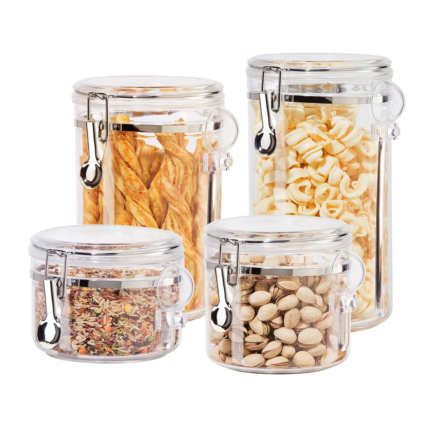 Oggi 4pc Clear Canister Set with Clamp Lids & Spoons - Airtight Food Storage Containers, Ideal for Kitchen & Pantry Storage of Bulk, Dry Food…