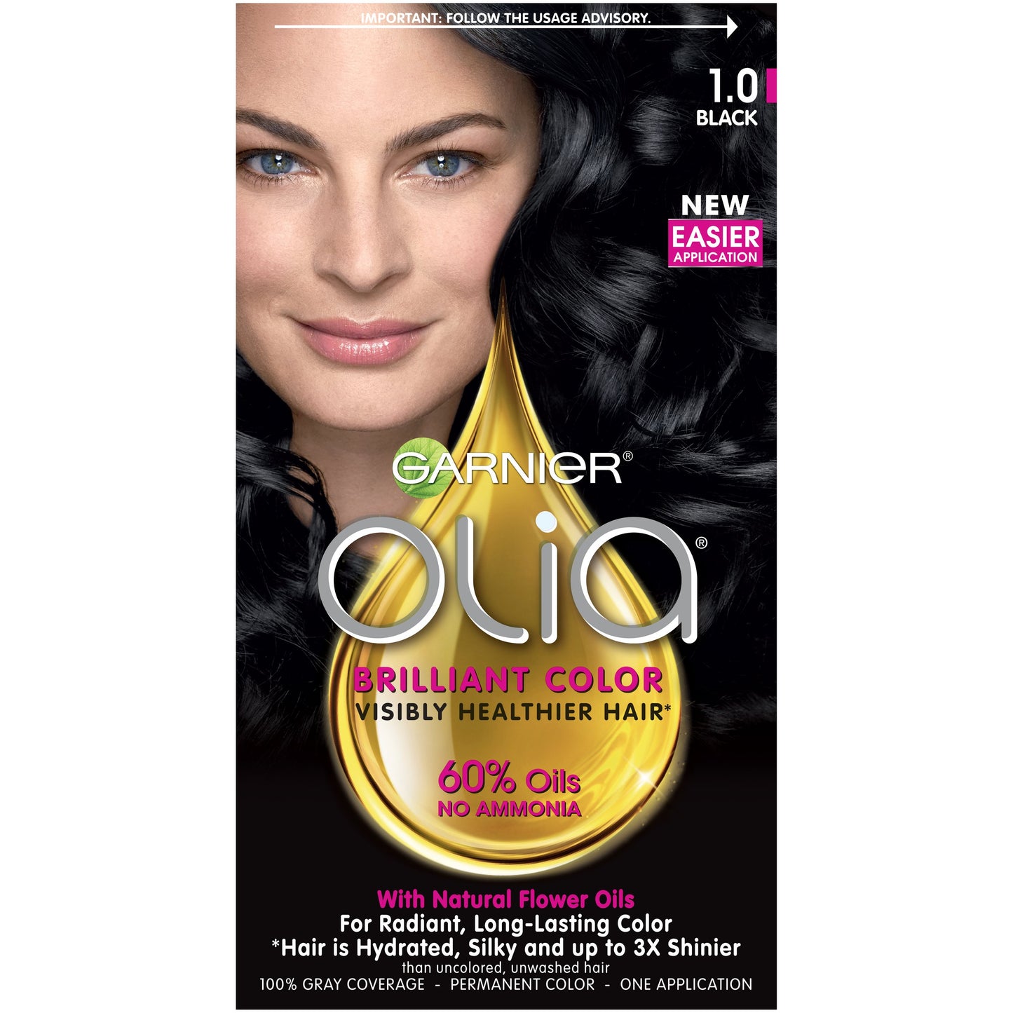 Garnier Olia Ammonia-Free Brilliant Color Oil-Rich Permanent Hair Color, 1.0 Black (Pack of 1) Black Hair Dye (Packaging May Vary)